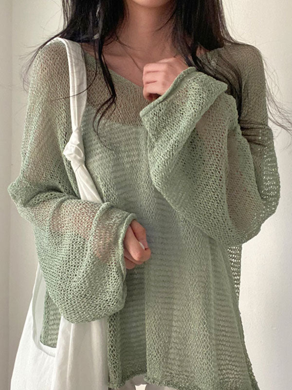LOOSE FIT SHEER GREEN KNIT TOP FOR HOLIDAY STYLE