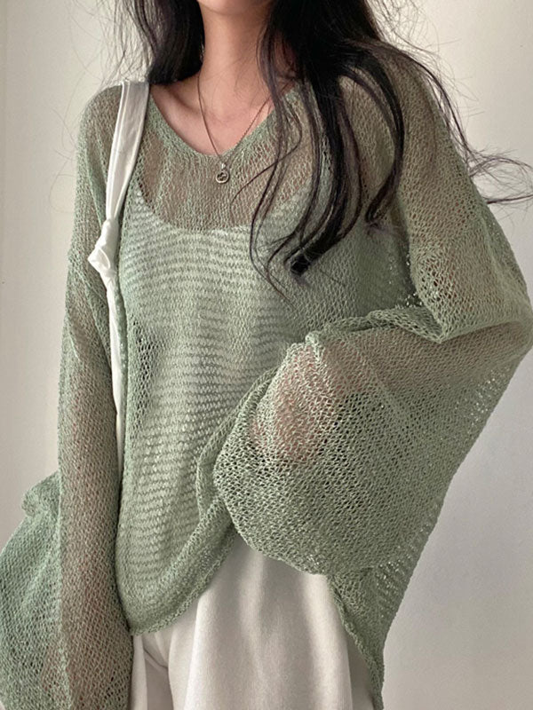 LOOSE FIT SHEER GREEN KNIT TOP FOR HOLIDAY STYLE