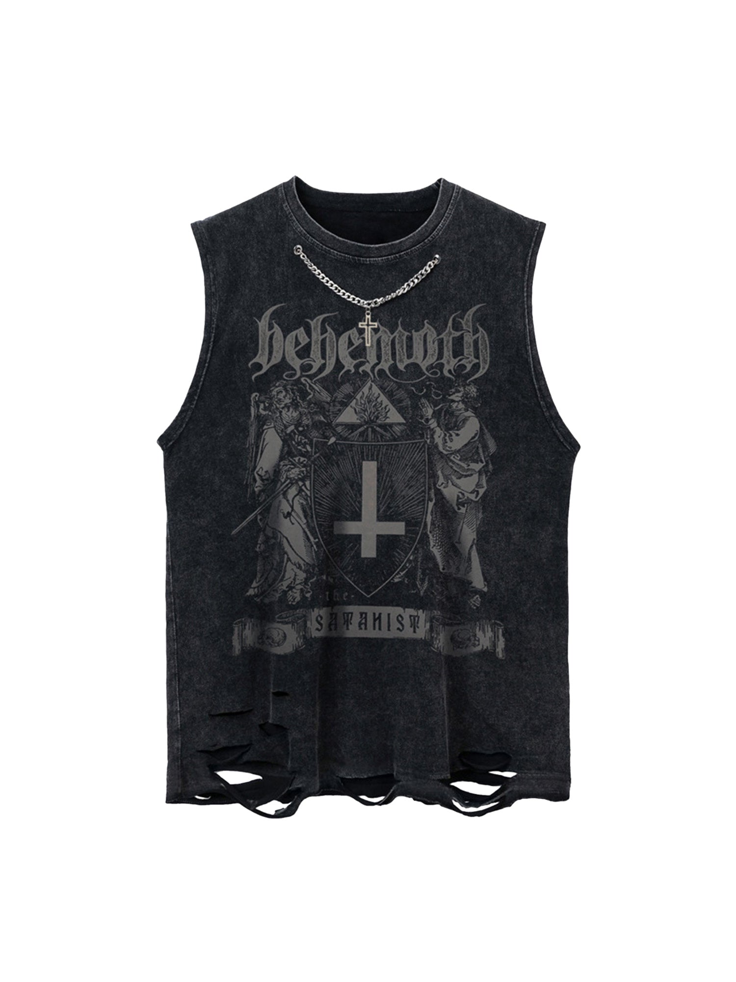 DISTRESSED BLACK GRAPHIC TANK TOP LOOSE FIT SLEEVELESS JERSEY PULLOVER