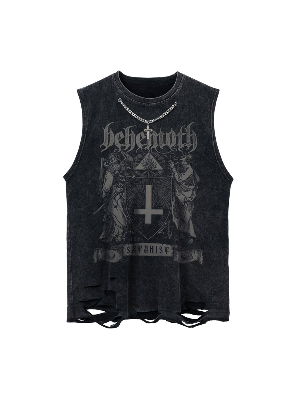 DISTRESSED BLACK GRAPHIC TANK TOP LOOSE FIT SLEEVELESS JERSEY PULLOVER