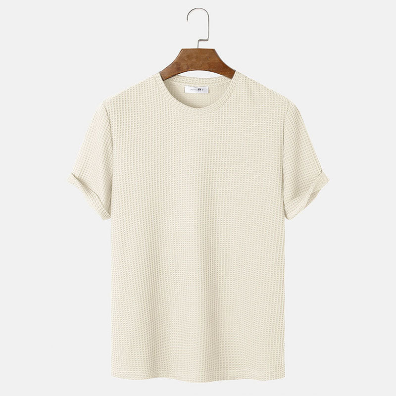 BEIGE WAFFLE-KNIT T-SHIRT FOR EVERYDAY WEAR AND VERSATILE STYLE