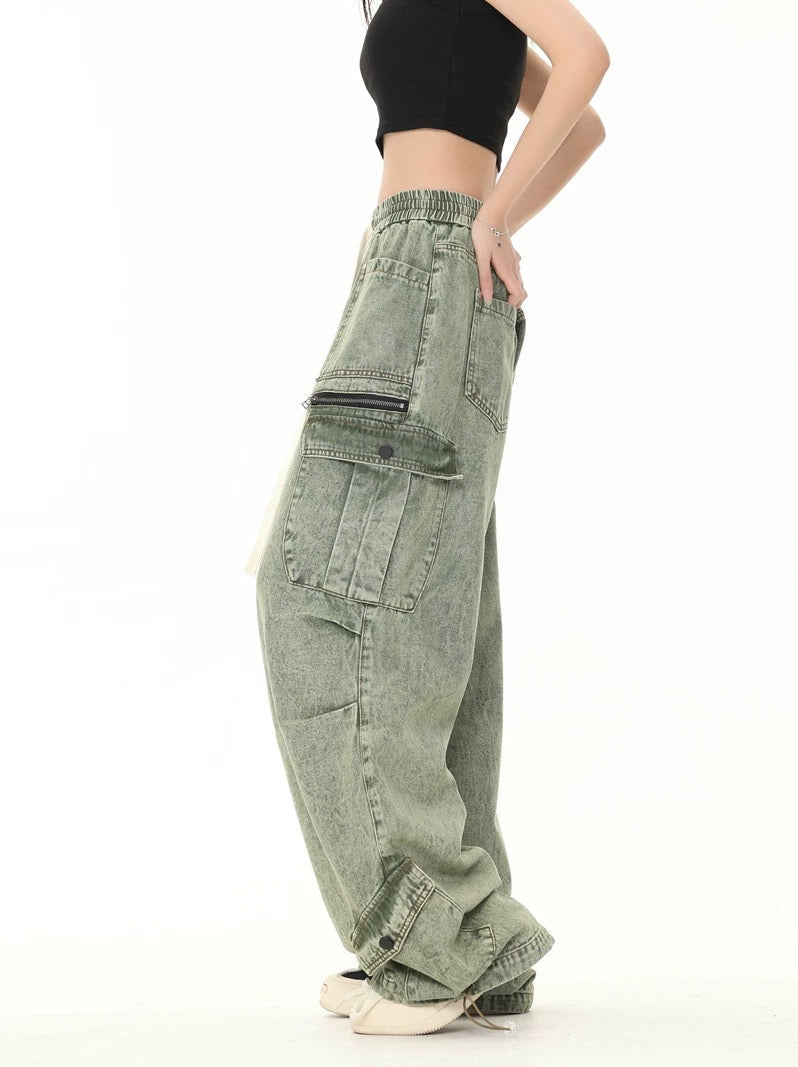 LOOSE STRAIGHT CASUAL CARGO PANTS WITH DRAWSTRING IN GREEN