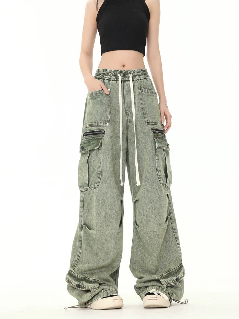 LOOSE STRAIGHT CASUAL CARGO PANTS WITH DRAWSTRING IN GREEN