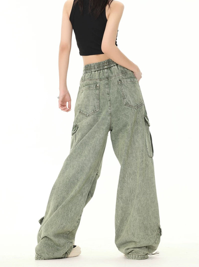 LOOSE STRAIGHT CASUAL CARGO PANTS WITH DRAWSTRING IN GREEN