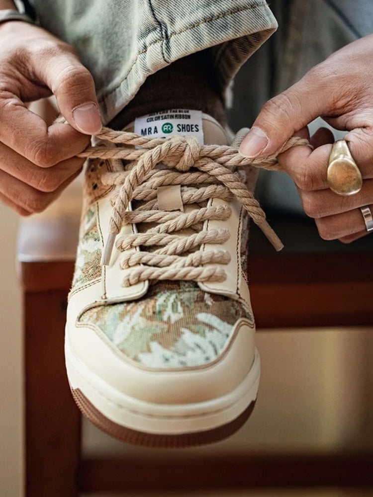 LOW-TOP SNEAKERS BEIGE AND BROWN OIL PAINTED SHOES