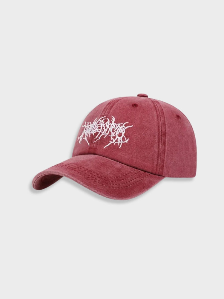 MAROON BASEBALL CAP WITH WHITE DESIGN DENIM GOTH CAP
