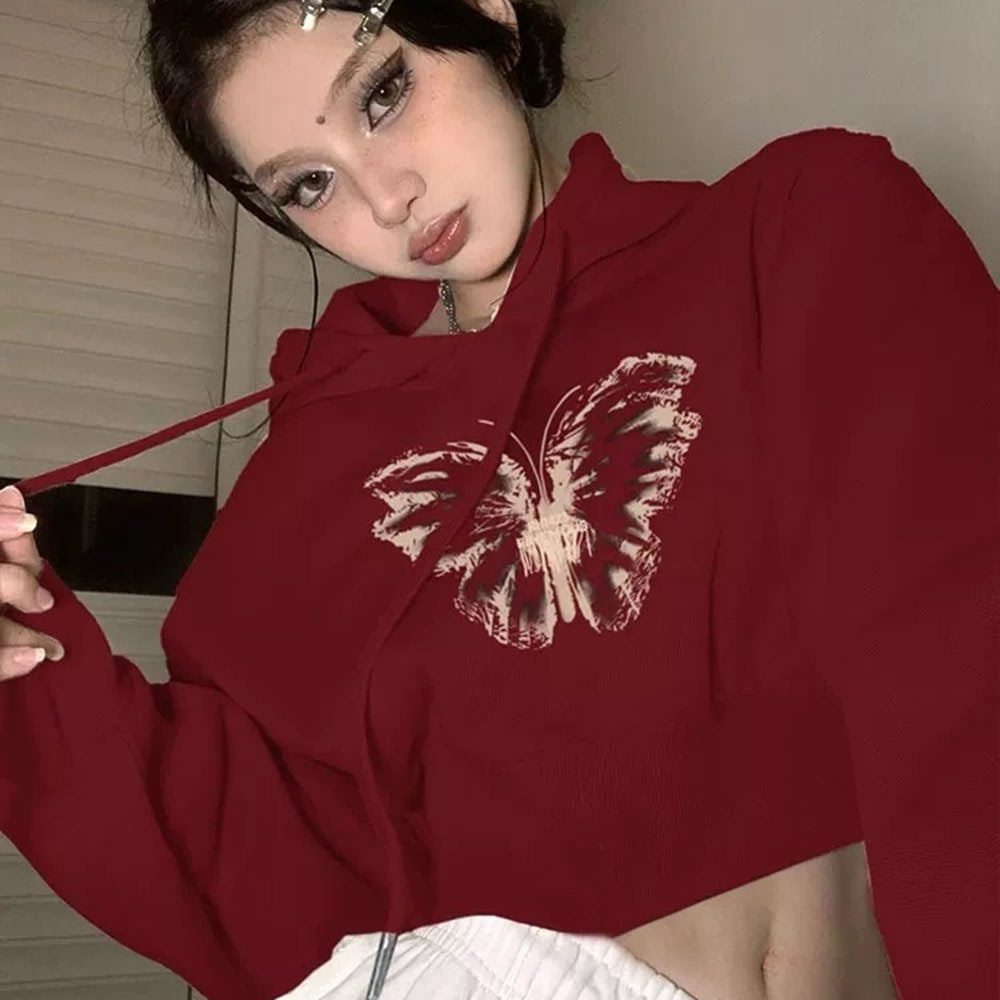 MAROON BUTTERFLY PRINT CROPPED HOODIE