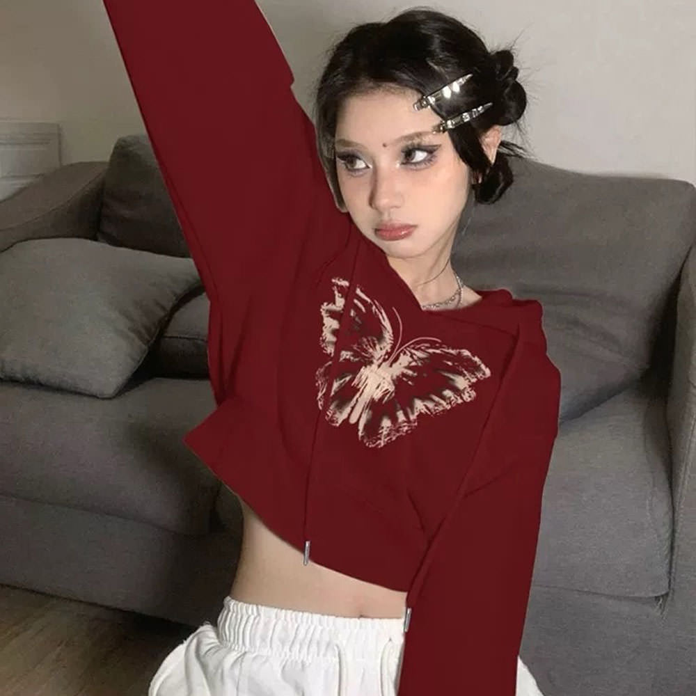 MAROON BUTTERFLY PRINT CROPPED HOODIE