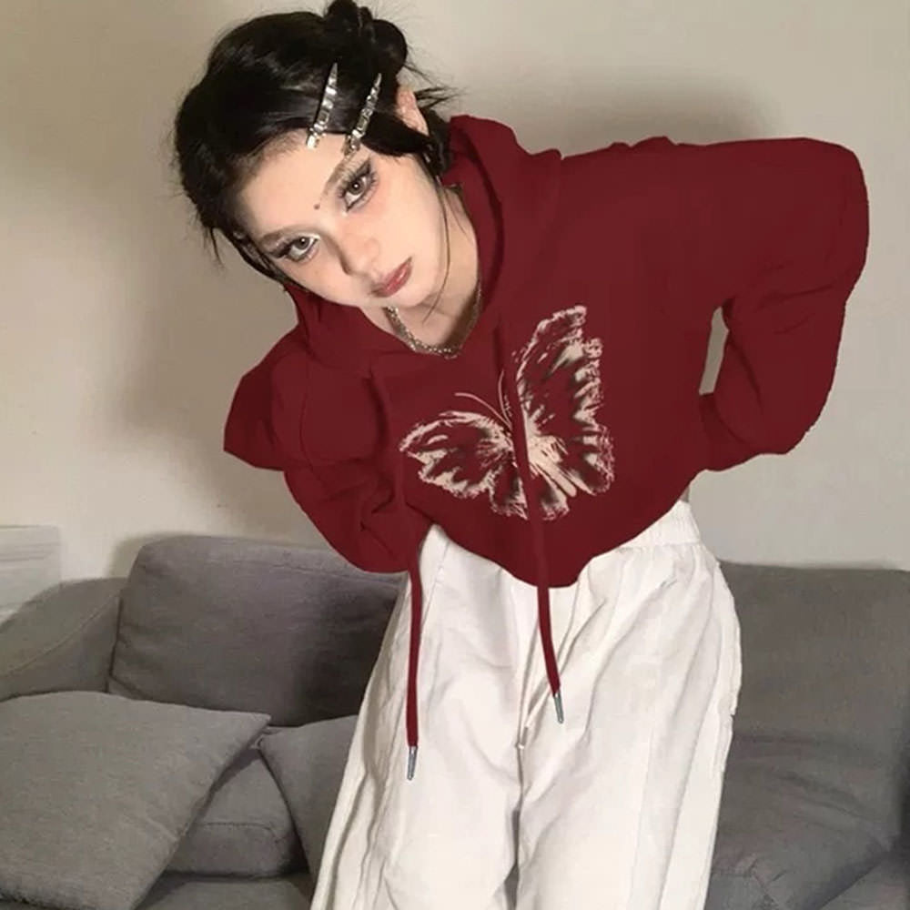 MAROON BUTTERFLY PRINT CROPPED HOODIE