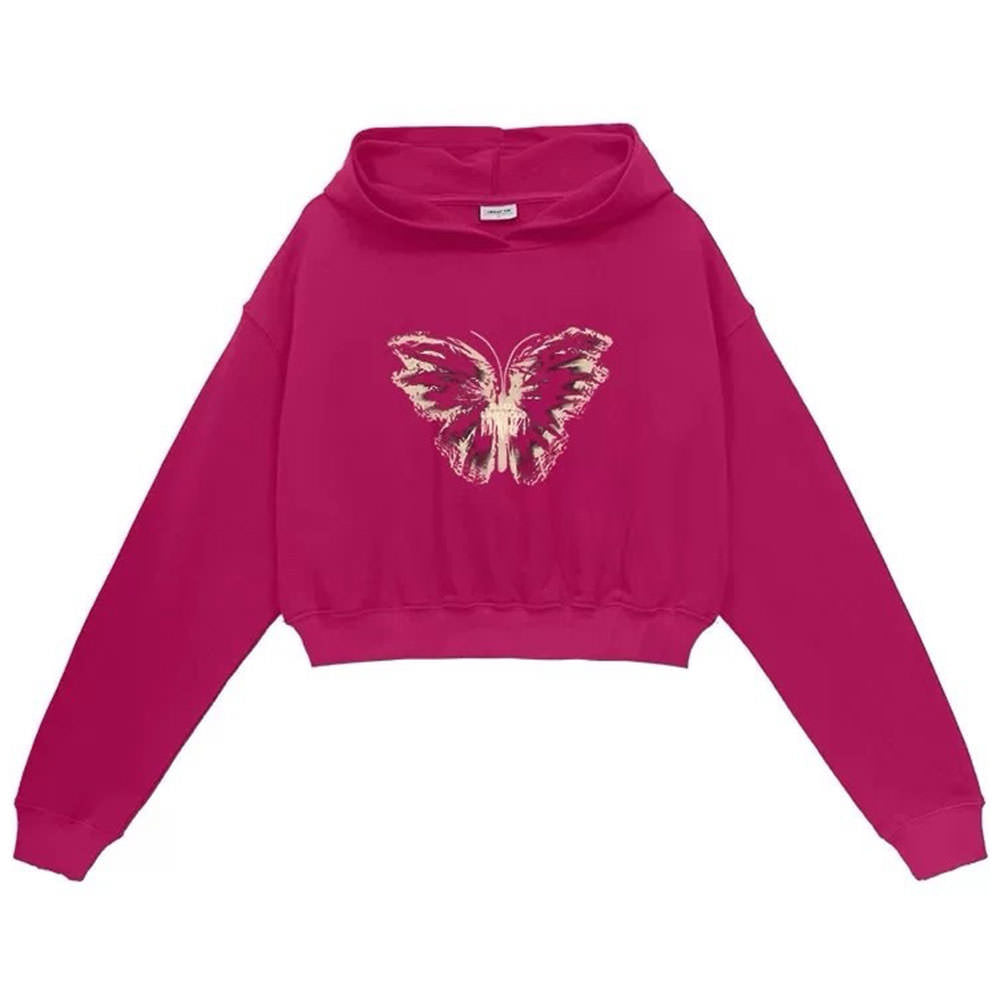 MAROON BUTTERFLY PRINT CROPPED HOODIE