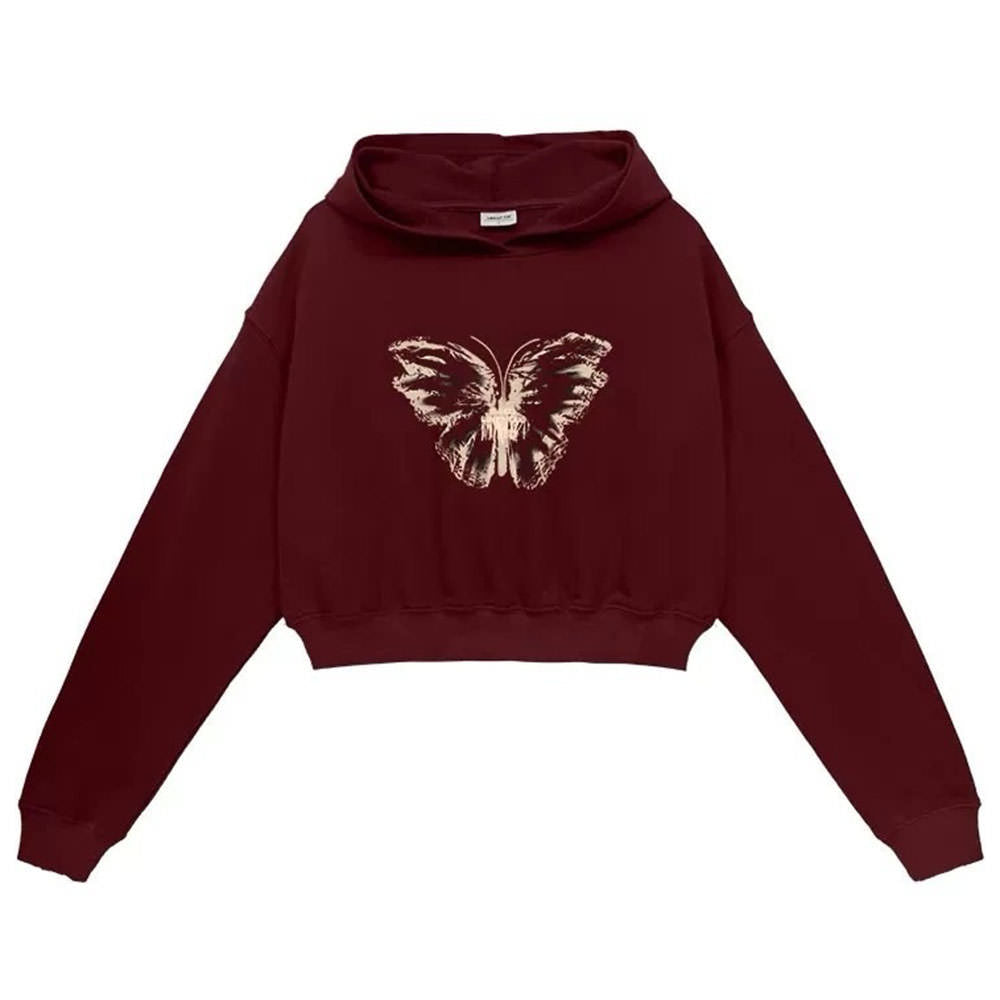 MAROON BUTTERFLY PRINT CROPPED HOODIE