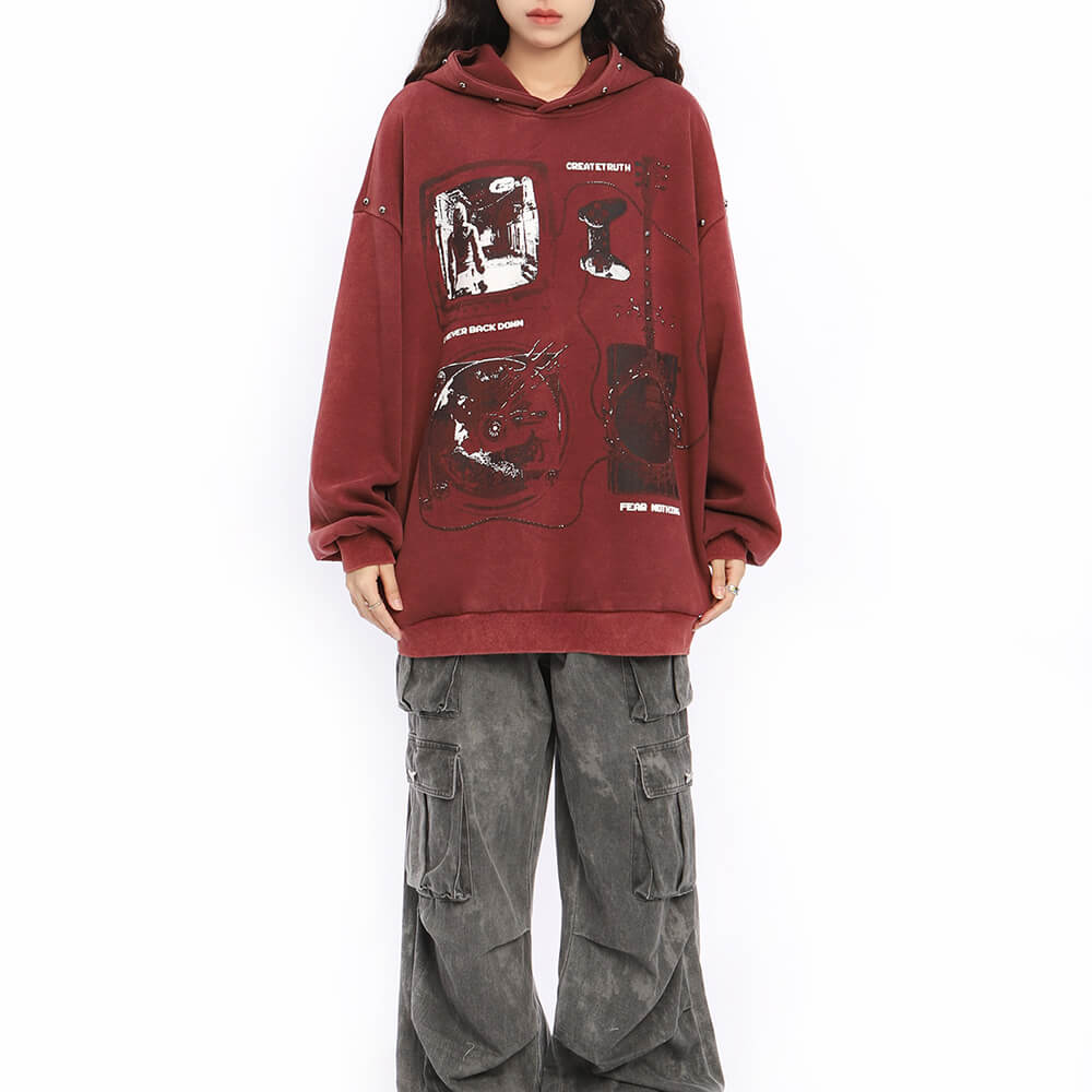 MAROON GRAPHIC HOODIE GIRL AESTHETIC OVERSIZED BUST APPROXIMATELY