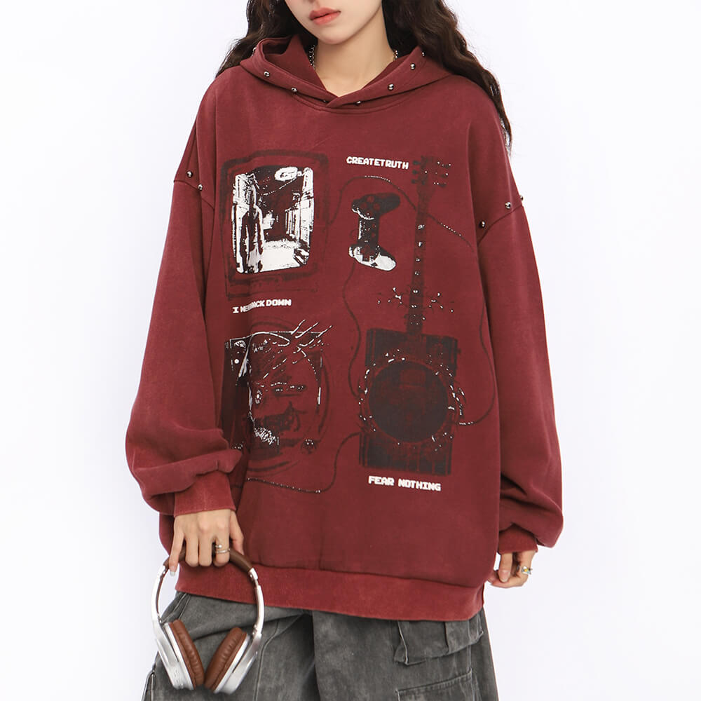 MAROON GRAPHIC HOODIE GIRL AESTHETIC OVERSIZED BUST APPROXIMATELY