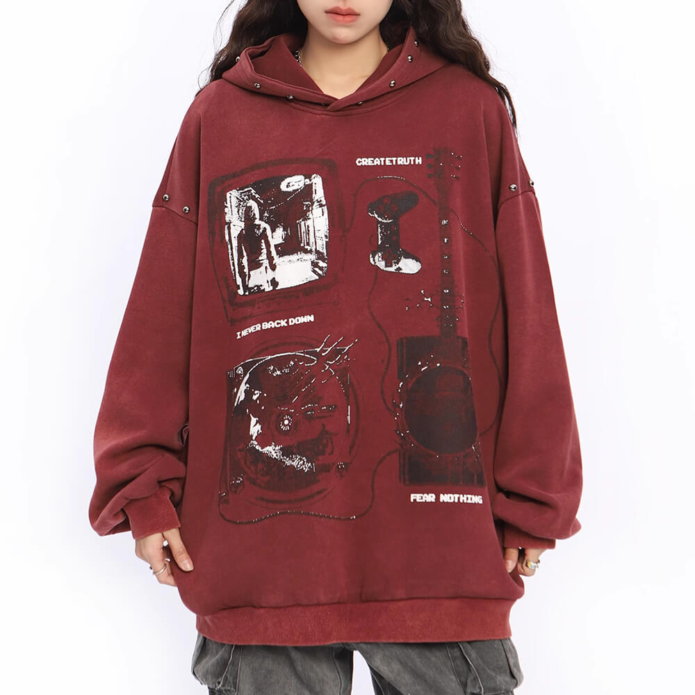 MAROON GRAPHIC HOODIE GIRL AESTHETIC OVERSIZED BUST APPROXIMATELY