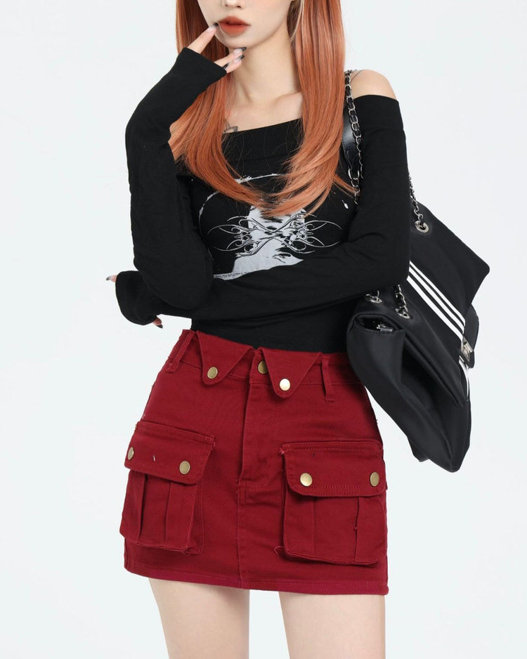 MAROON MINI CARGO SKIRT WITH ZIPPER FOR WOMEN