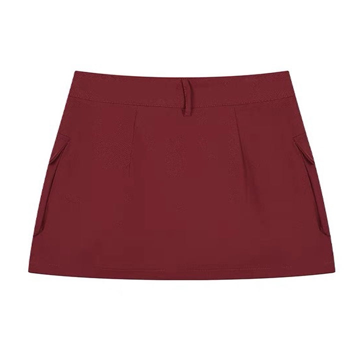 MAROON MINI CARGO SKIRT WITH ZIPPER FOR WOMEN