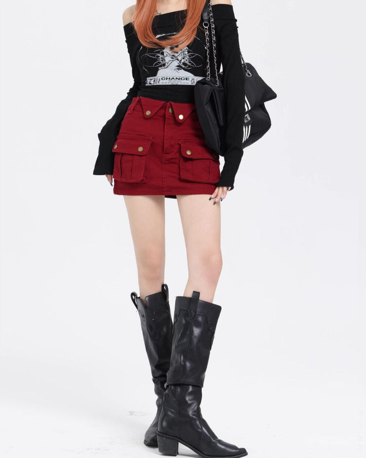 MAROON MINI CARGO SKIRT WITH ZIPPER FOR WOMEN
