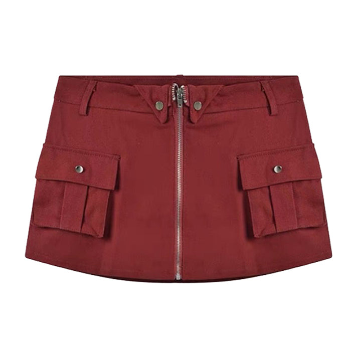 MAROON MINI CARGO SKIRT WITH ZIPPER FOR WOMEN