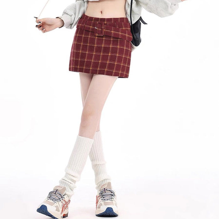 MAROON PLAID MINI SKIRT WITH BELT FOR WOMEN