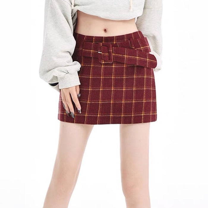 MAROON PLAID MINI SKIRT WITH BELT FOR WOMEN