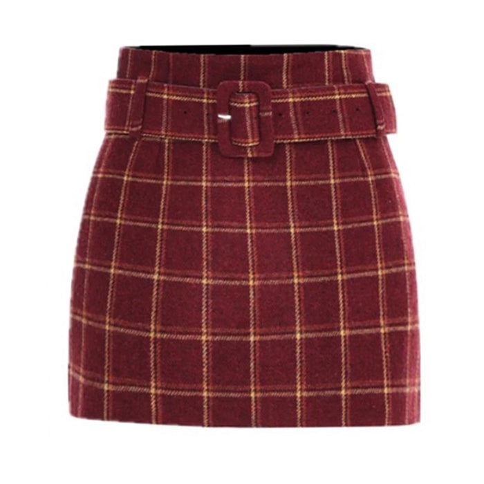 MAROON PLAID MINI SKIRT WITH BELT FOR WOMEN