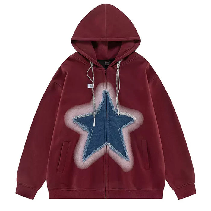 MAROON ZIP-UP HOODIE WITH STAR DESIGN FOR MEN OR WOMEN