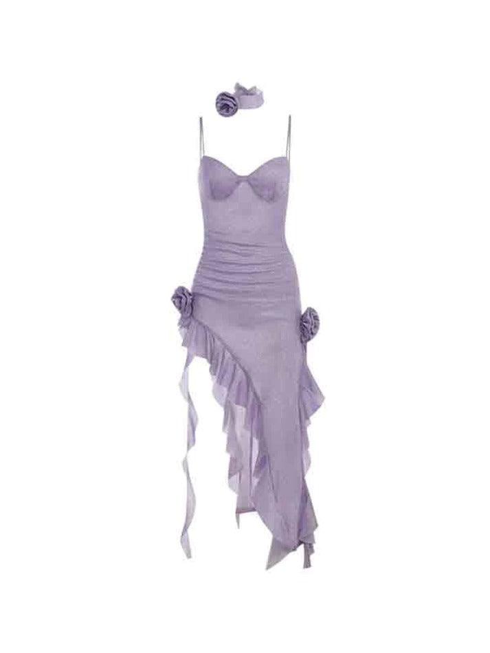 MAXI DRESS WITH ROSE ACCENTS - SHIMMERING PURPLE FOR SPECIAL OCCASIONS