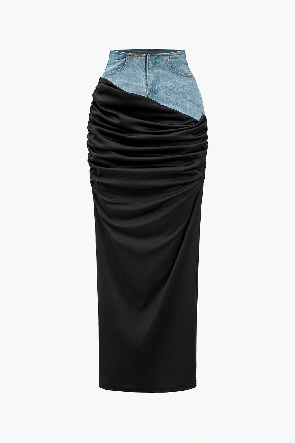 MAXI SKIRT BLACK DENIM PATCHWORK SKIRT WITH COLOR BLOCK DESIGN