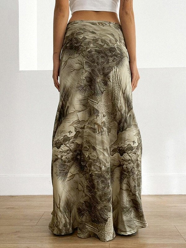 MAXI SKIRT WITH VINTAGE-INSPIRED PRINT AND LOW WAISTLINE DESIGN