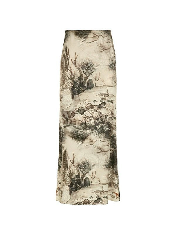 MAXI SKIRT WITH VINTAGE-INSPIRED PRINT AND LOW WAISTLINE DESIGN