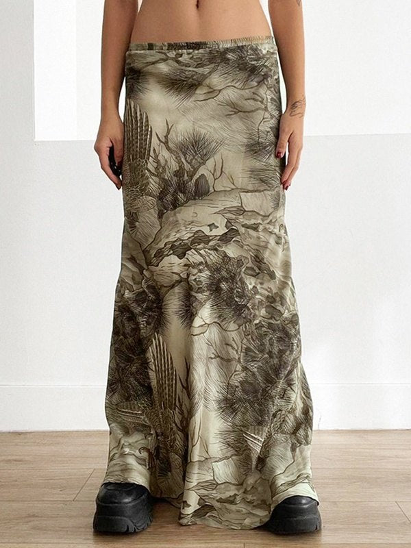 MAXI SKIRT WITH VINTAGE-INSPIRED PRINT AND LOW WAISTLINE DESIGN
