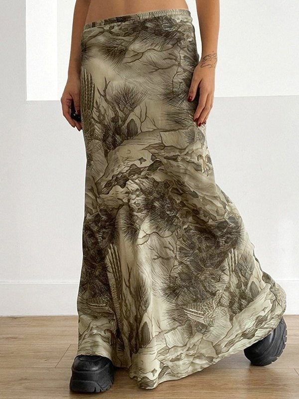 MAXI SKIRT WITH VINTAGE-INSPIRED PRINT AND LOW WAISTLINE DESIGN