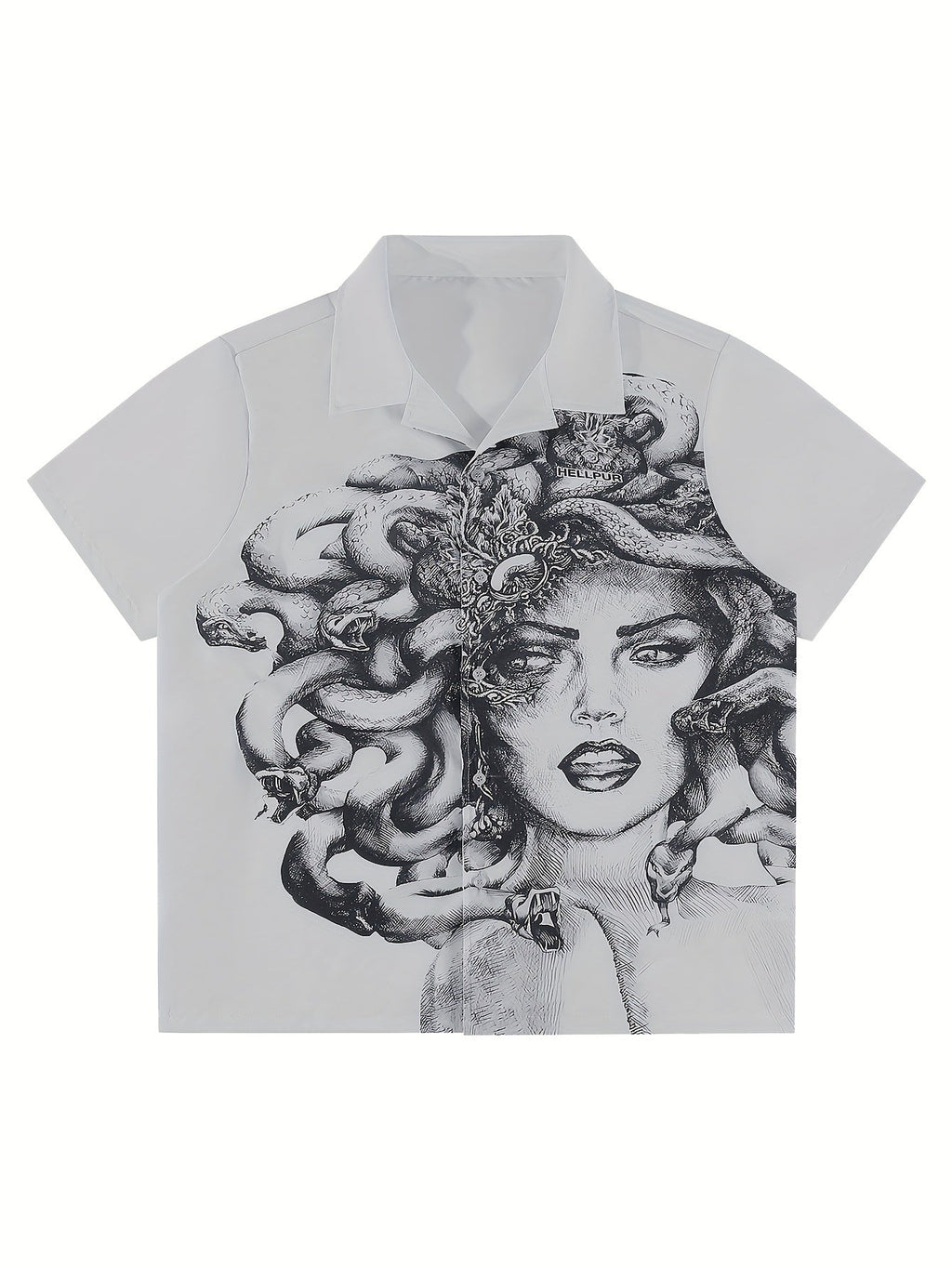 MEDUSA-PRINTED SHORT SLEEVE BUTTON-UP SHIRT FOR SUMMER WEAR