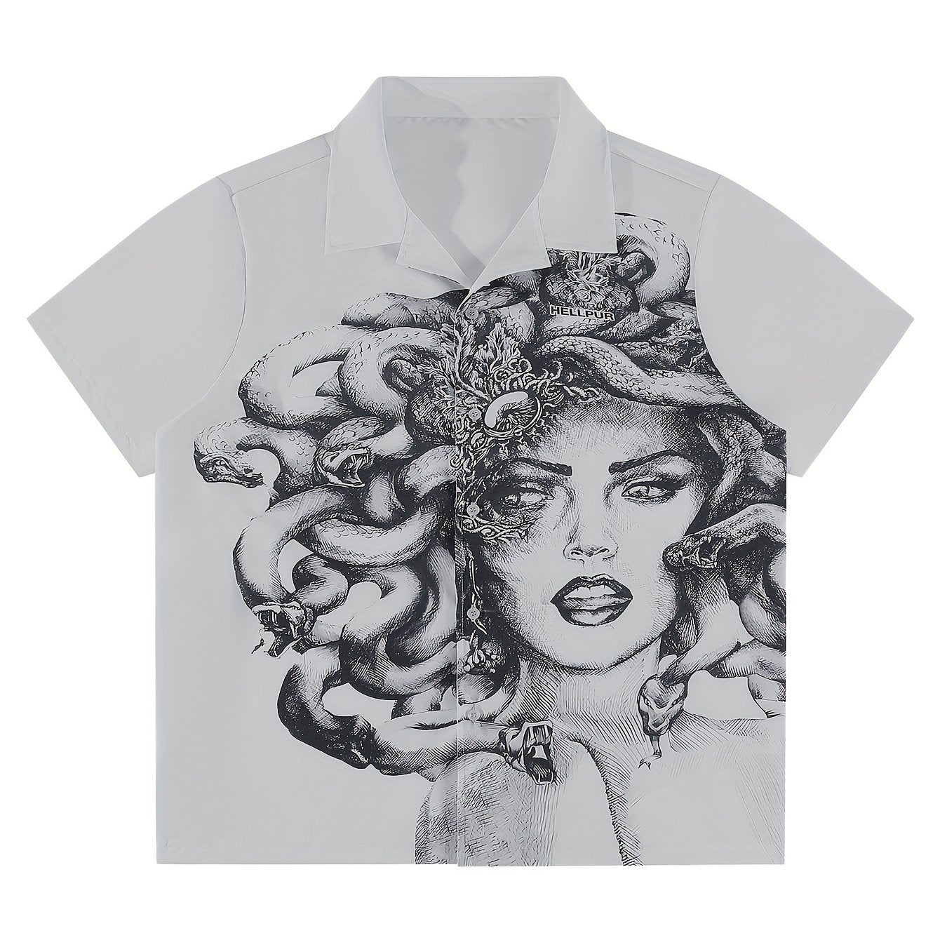 MEDUSA-PRINTED SHORT SLEEVE BUTTON-UP SHIRT FOR SUMMER WEAR