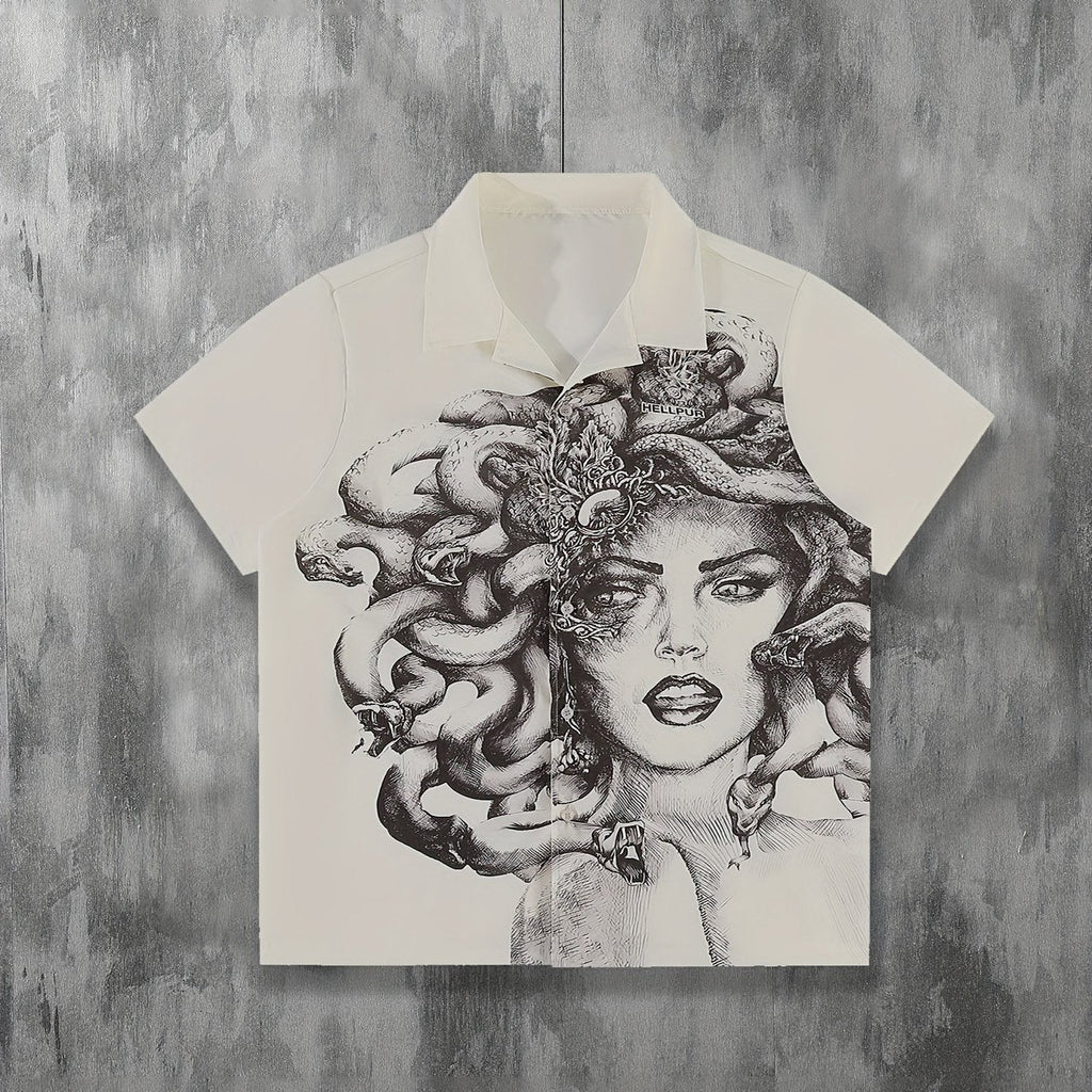 MEDUSA-PRINTED SHORT SLEEVE BUTTON-UP SHIRT FOR SUMMER WEAR