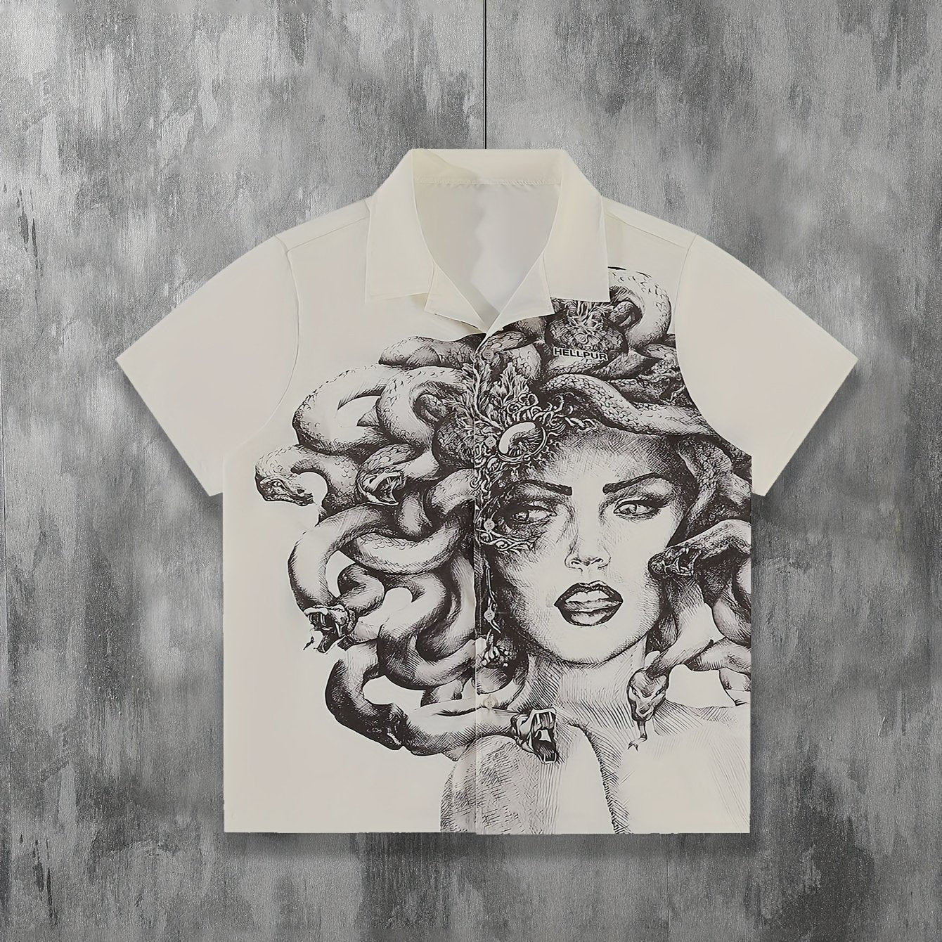 MEDUSA-PRINTED SHORT SLEEVE BUTTON-UP SHIRT FOR SUMMER WEAR