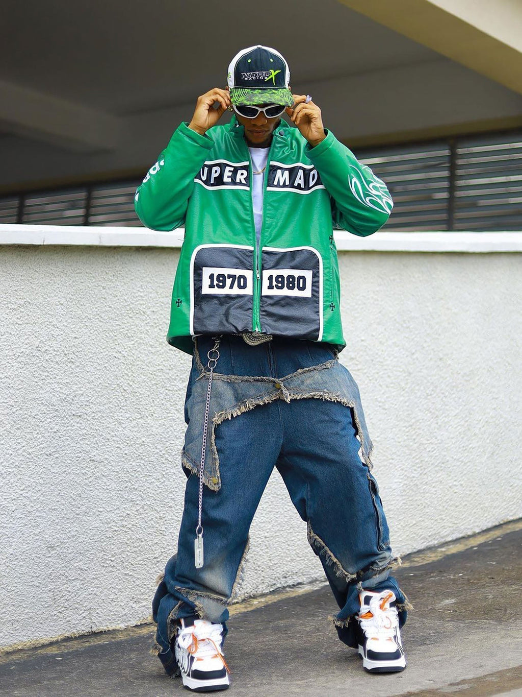 MEN'S GREEN LEATHER JACKET WITH LONG SLEEVE AND STAND COLLAR, TRENDY CASUAL