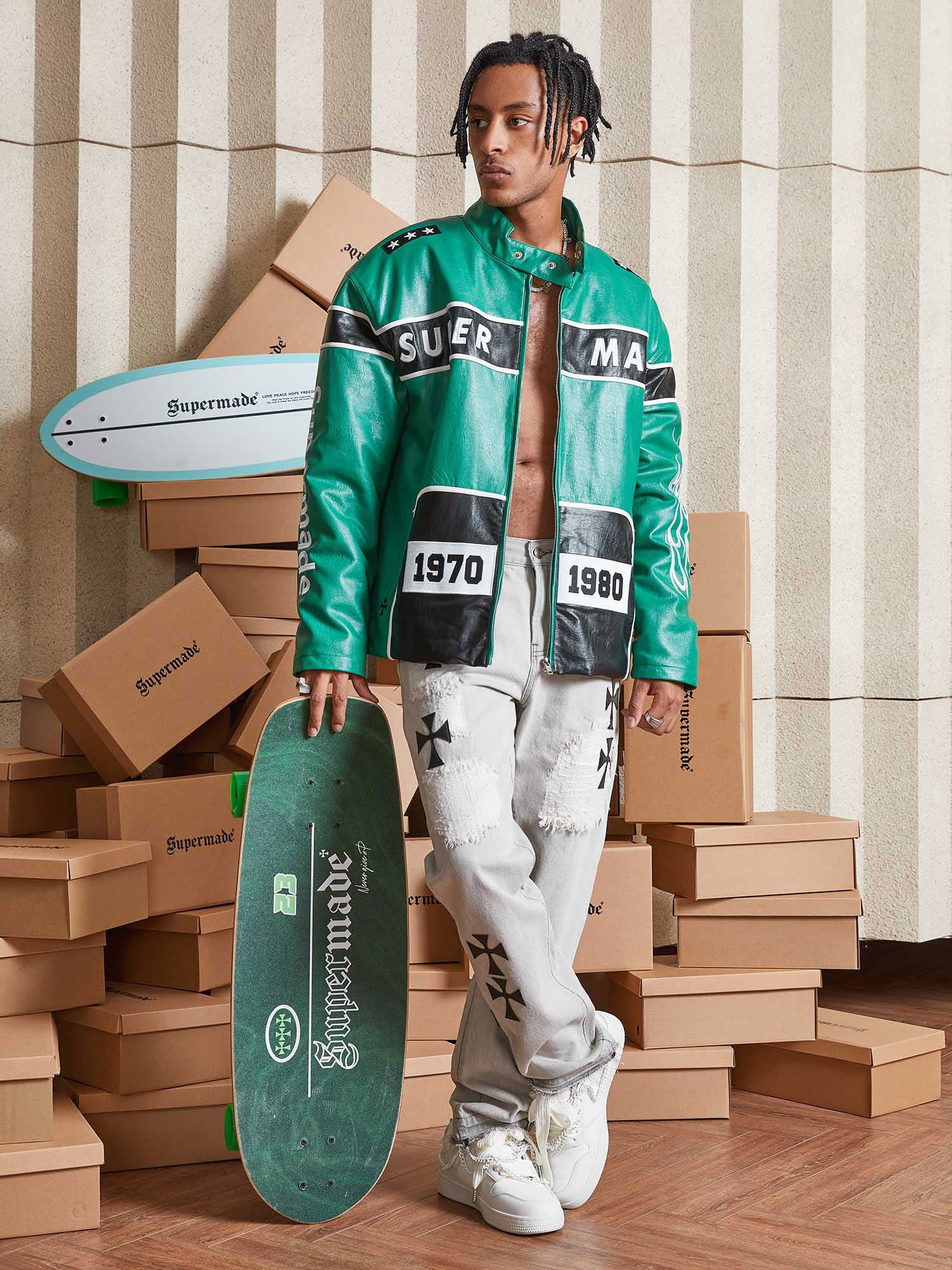 MEN'S GREEN LEATHER JACKET WITH LONG SLEEVE AND STAND COLLAR, TRENDY CASUAL