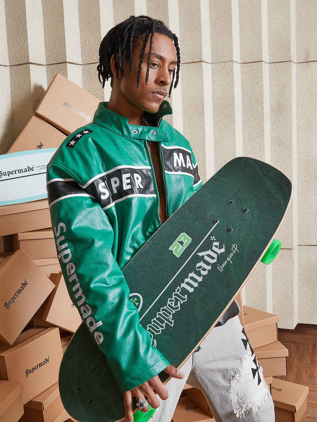 MEN'S GREEN LEATHER JACKET WITH LONG SLEEVE AND STAND COLLAR, TRENDY CASUAL