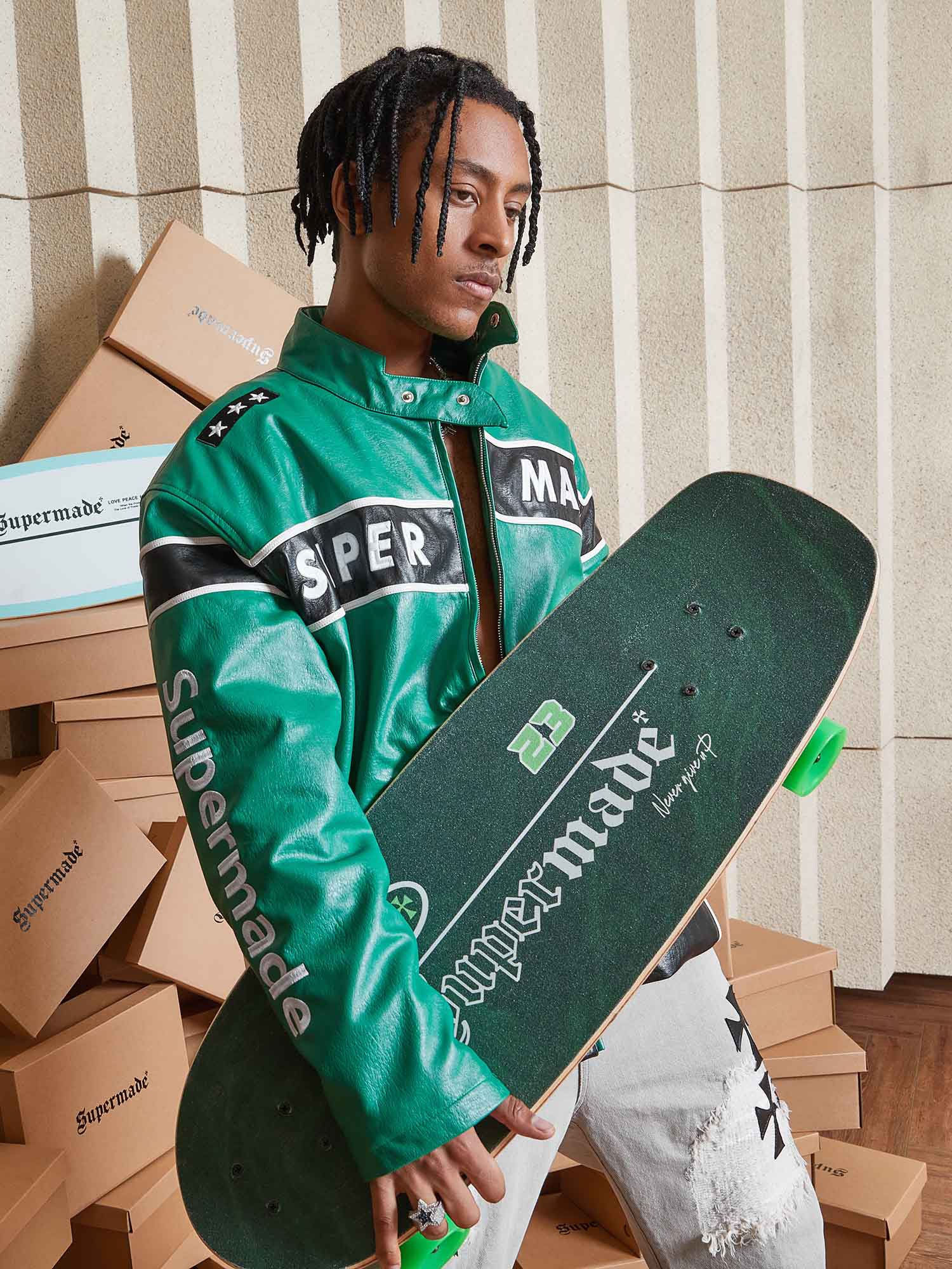 MEN'S GREEN LEATHER JACKET WITH LONG SLEEVE AND STAND COLLAR, TRENDY CASUAL