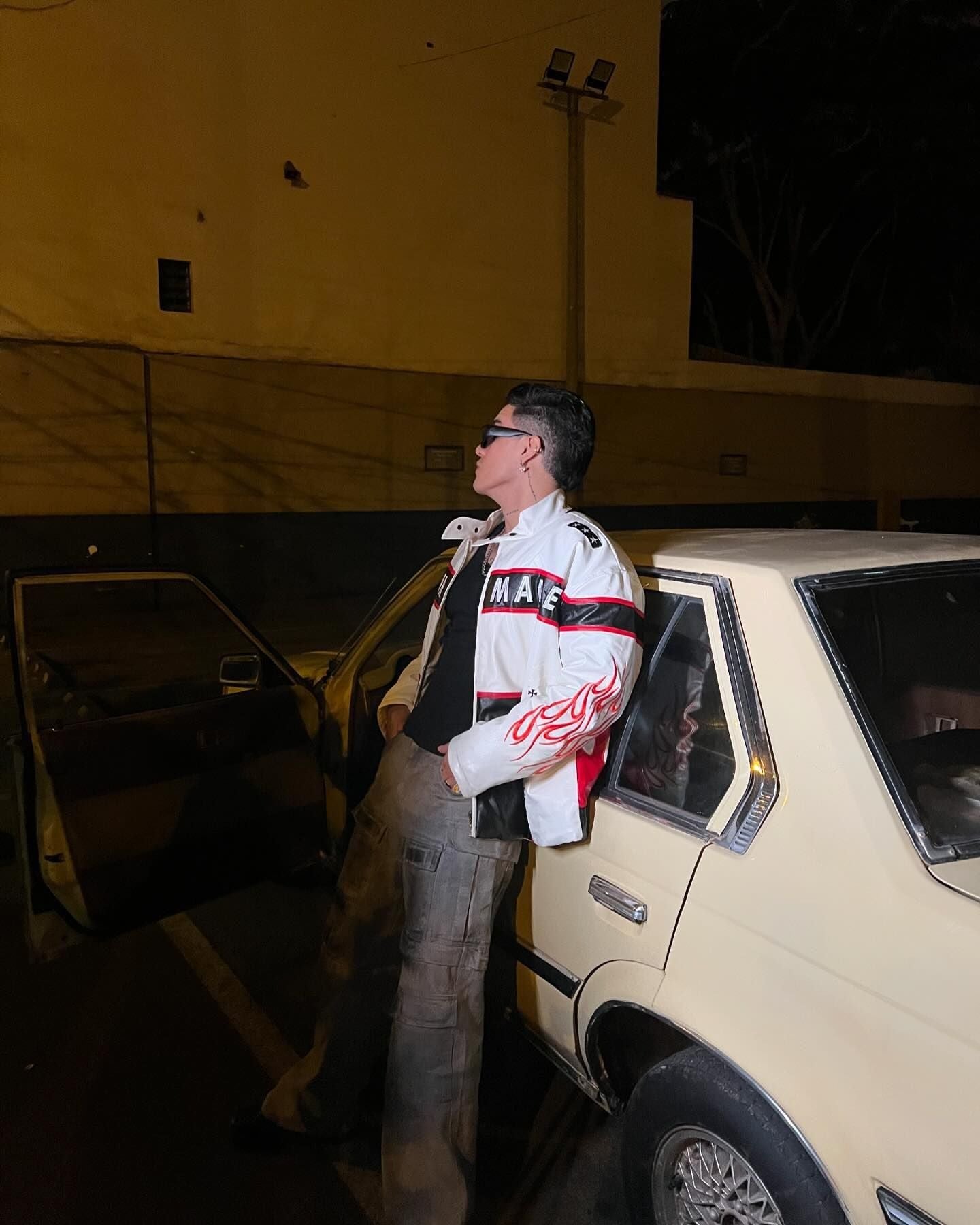 MEN'S GREEN LEATHER JACKET WITH LONG SLEEVE AND STAND COLLAR, TRENDY CASUAL