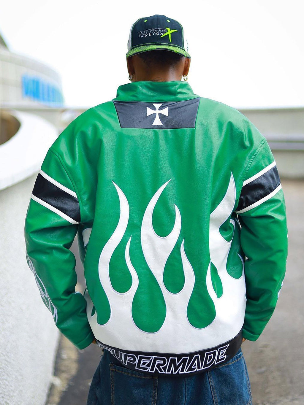 MEN'S GREEN LEATHER JACKET WITH LONG SLEEVE AND STAND COLLAR, TRENDY CASUAL