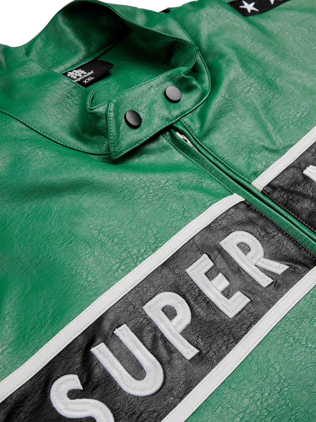 MEN'S GREEN LEATHER JACKET WITH LONG SLEEVE AND STAND COLLAR, TRENDY CASUAL