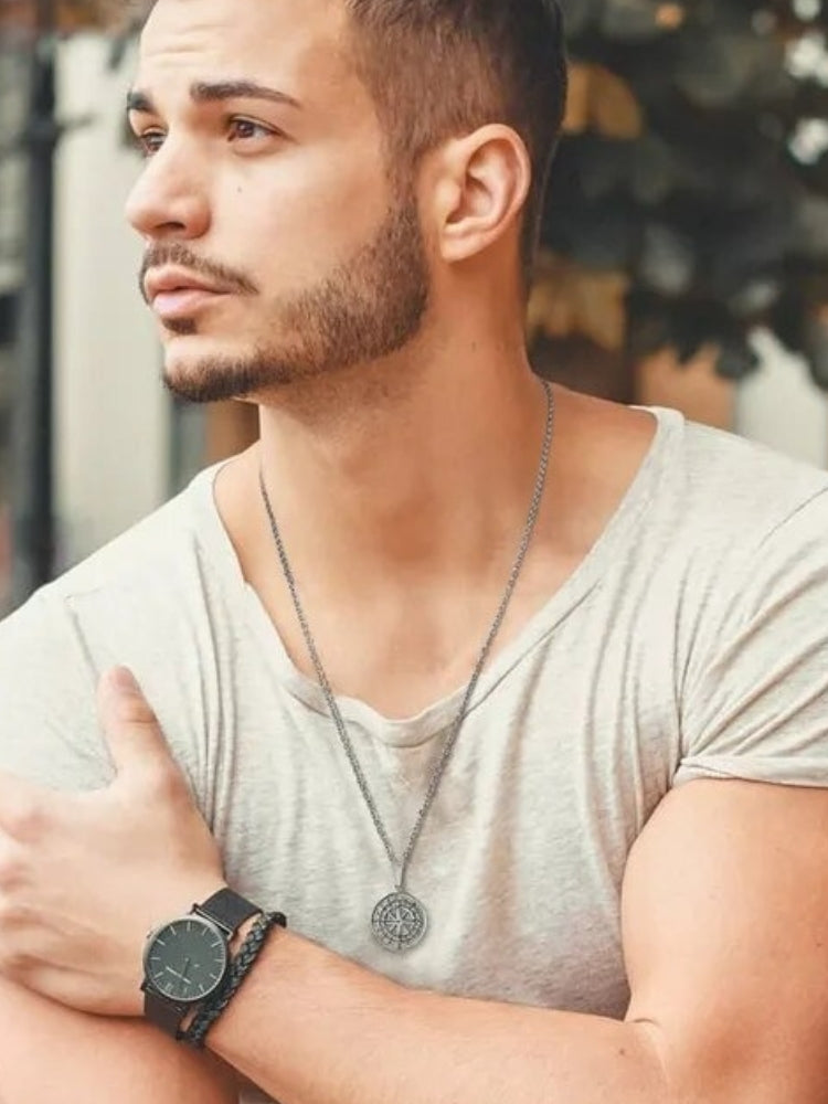 MEN'S JEWELRY SET WITH COMPASS NECKLACE AND MONEY COMPASS