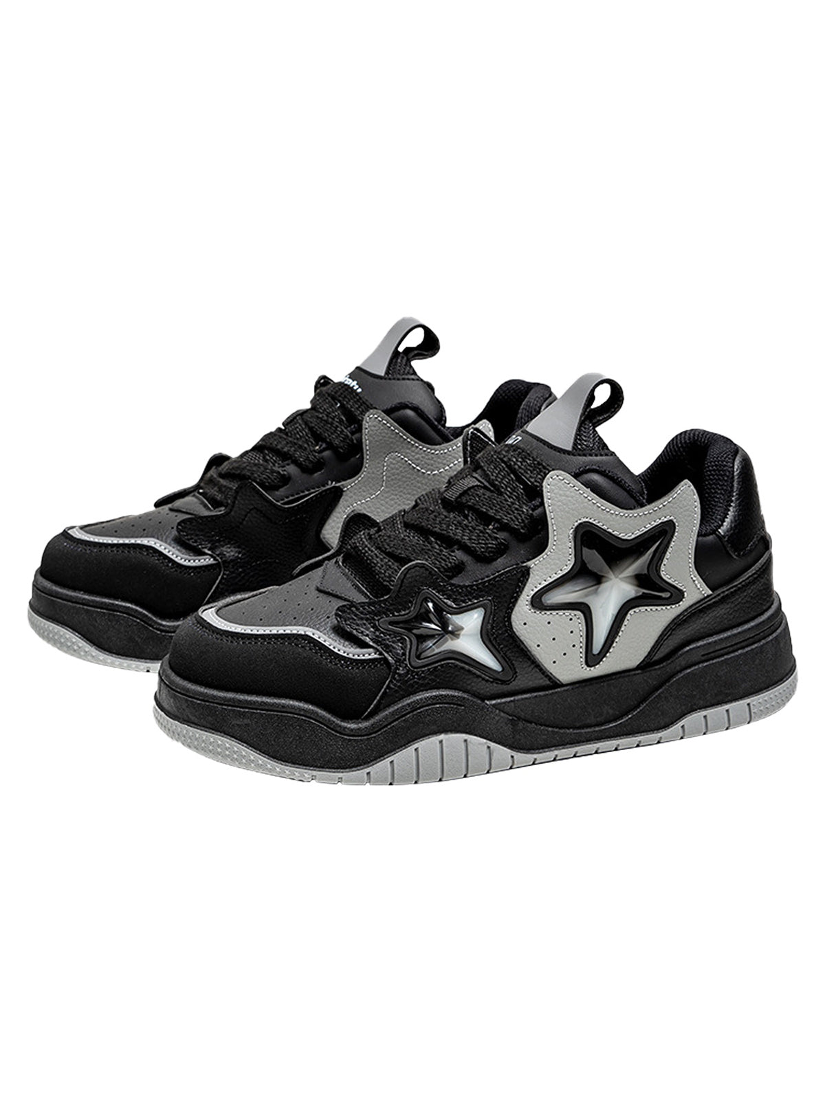 MEN’S LEATHER SHOES BLACK AND GRAY STAR-ACCENTED SNEAKERS