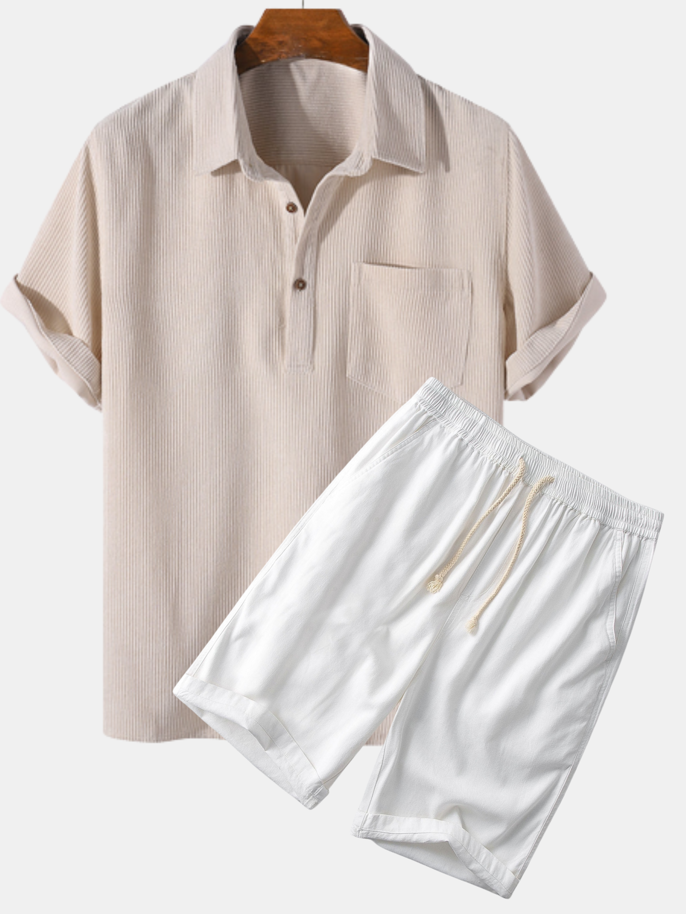 MEN’S SHORT SET - BEIGE CORDUROY SHIRT AND WHITE SHORTS