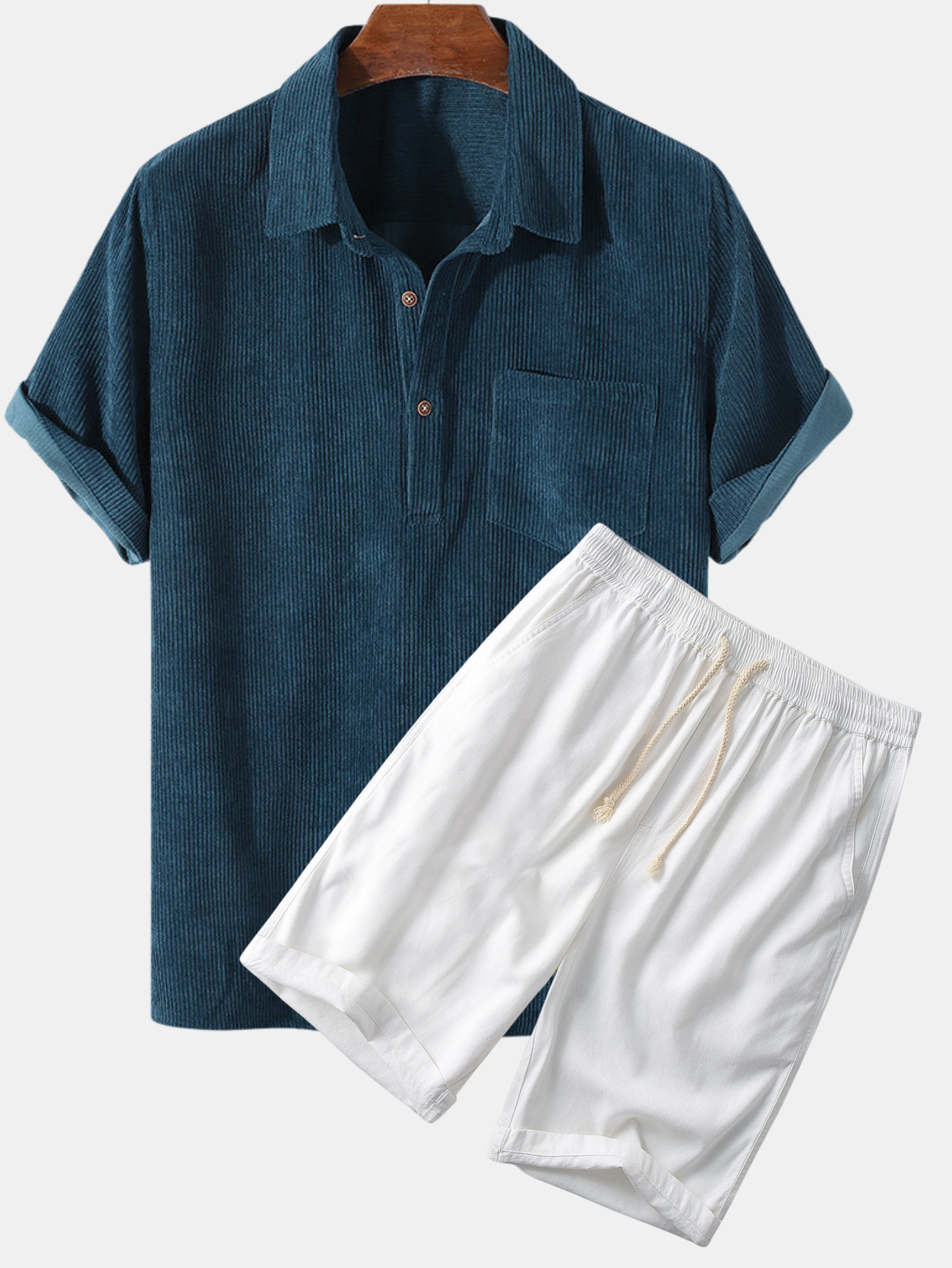MEN’S SHORT SET - BEIGE CORDUROY SHIRT AND WHITE SHORTS