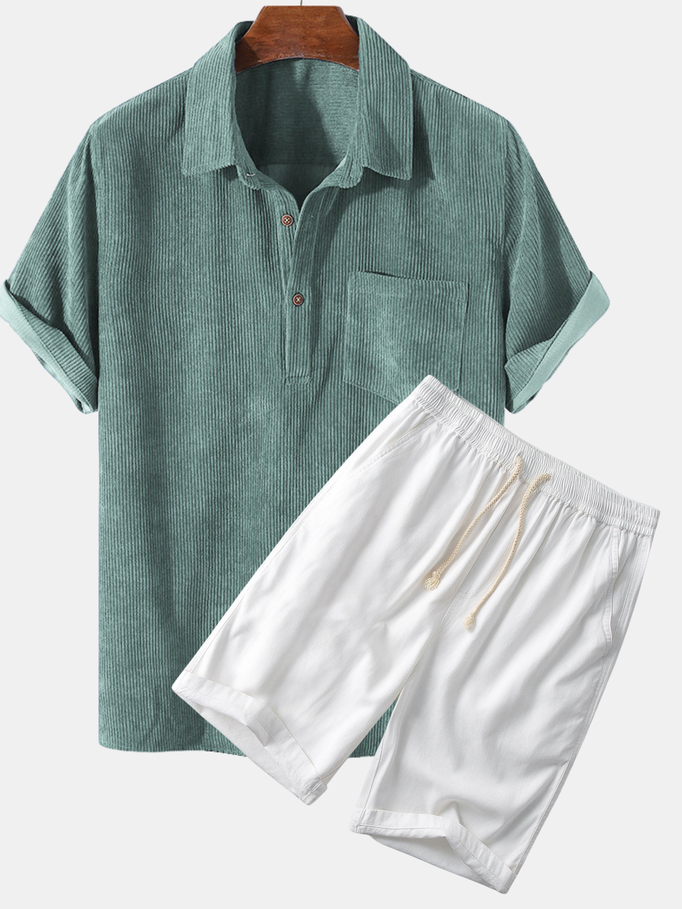 MEN’S SHORT SET - BEIGE CORDUROY SHIRT AND WHITE SHORTS