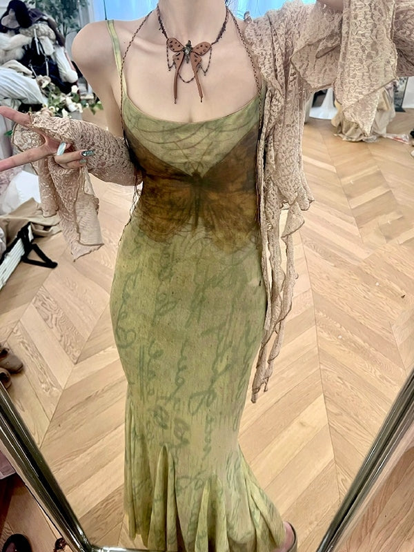 MERMAID DRESS WITH LACE SHAWL GREEN FLORAL Y2K BUTTERFLY