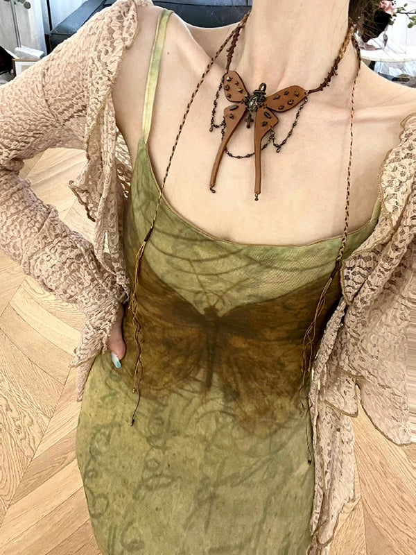 MERMAID DRESS WITH LACE SHAWL GREEN FLORAL Y2K BUTTERFLY